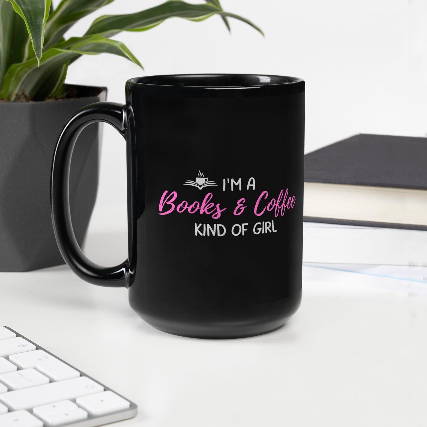 Books & Coffee Girl Black Glossy Mug